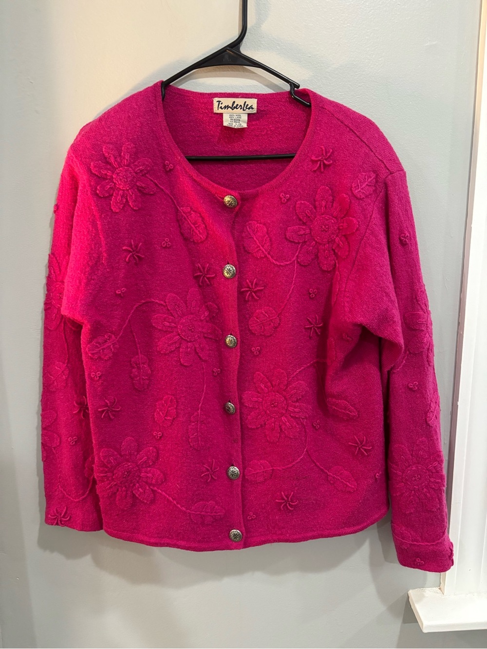 Timberlea Wool Bright Pink Embroidered Button Cardigan Sweater Large Vintage